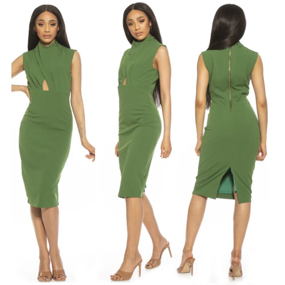 NWT Alexia Admor Elouise Sleeveless Mock Neck Midi Sheath Dress Sage Women's M